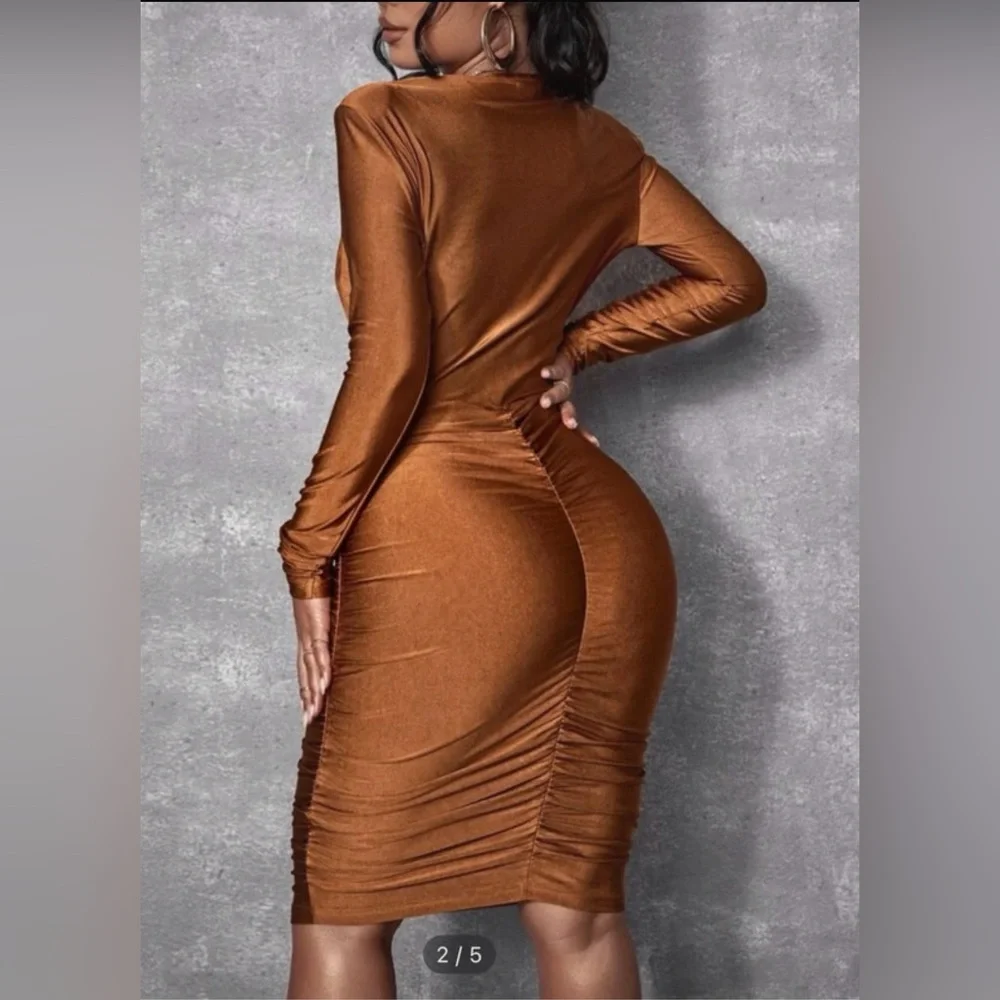 SHEIN Brown Ruched Bodycon Dress Cowl Neck Sleeveless - Picture 2 of 7
